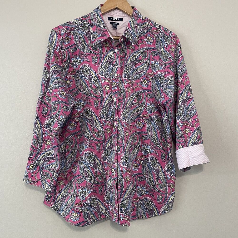 Chaps Womens No Iron Button Up Top XXL Flip Cuff Pink Paisley Artsy Office